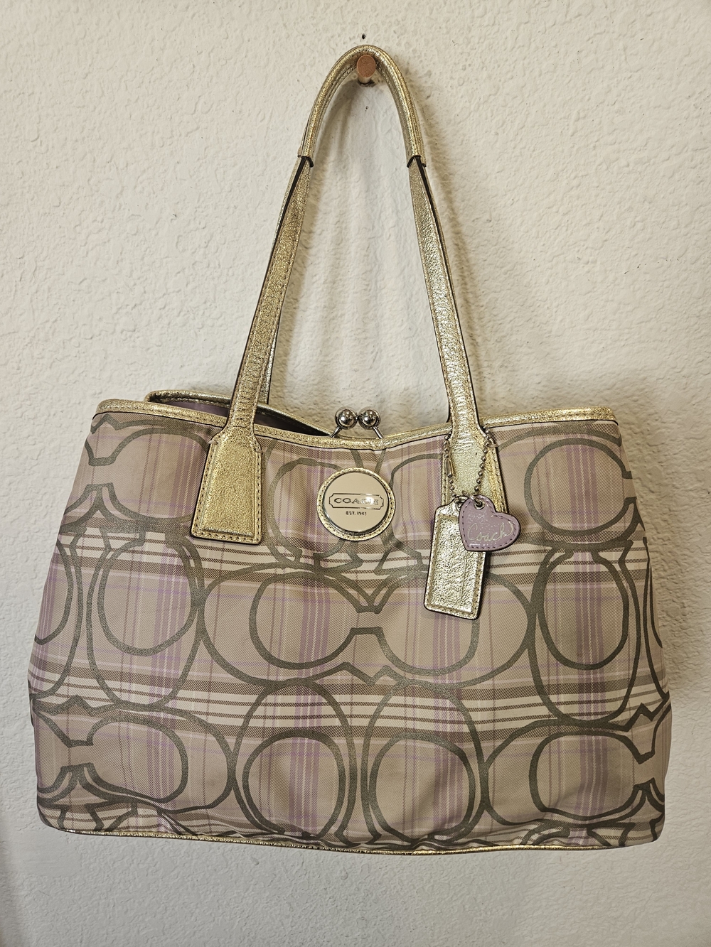 VTG Coach Signature Tartan Plaid Kiss Lock Carryall Bag Lavender Gold F17213 Y2K